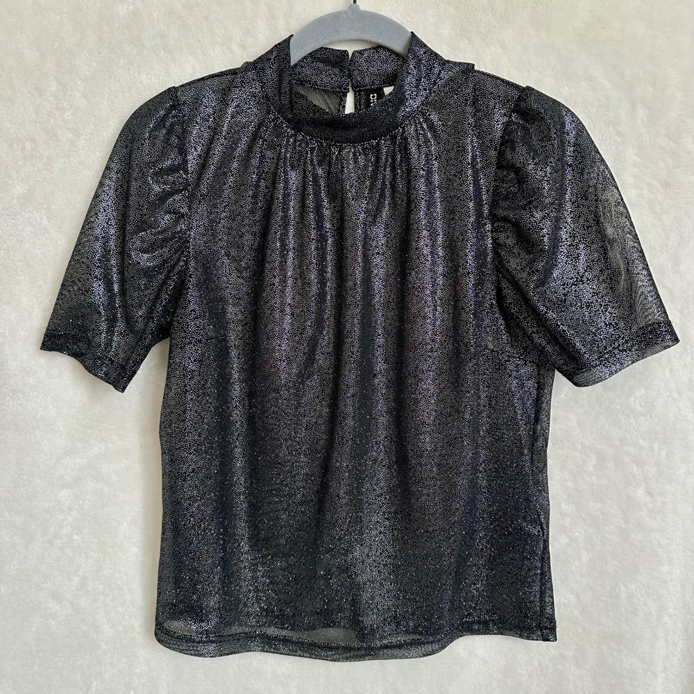 H&M Divided Black Silver Metallic Sparkly Puff Sleeve Mock Neck Top 0‎